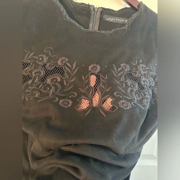 ZARA WOMEN FAUX SUEDE Black Medium Embroidery Short Sleeve Dress Cut Out - Picture 6 of 11